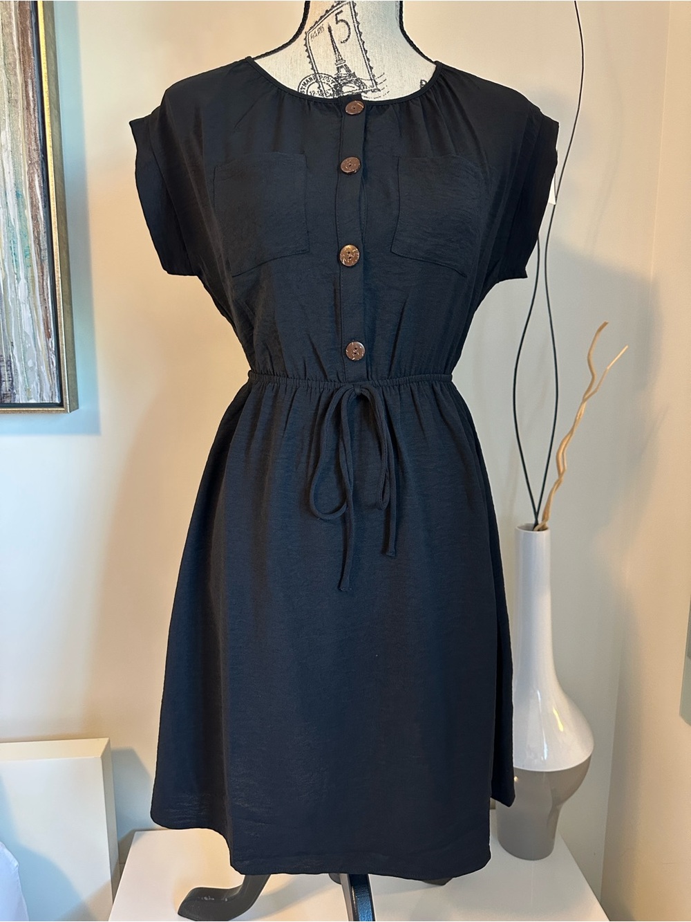 Monteau Black Button-Front Drawstring Waist Shirt Dress